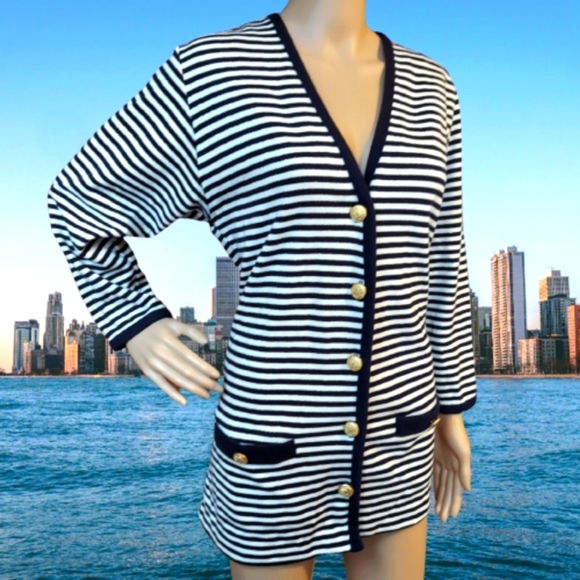 Navy Blue, White, & Gold Striped Nautical Cardigan with Detailed Button Closure - Picture 10 of 11